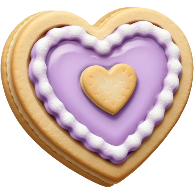 Realistic shortbread cookie in the shape of a heart with pale lilac color jelly middle filling and sprinkled powder sugar on top. emoji