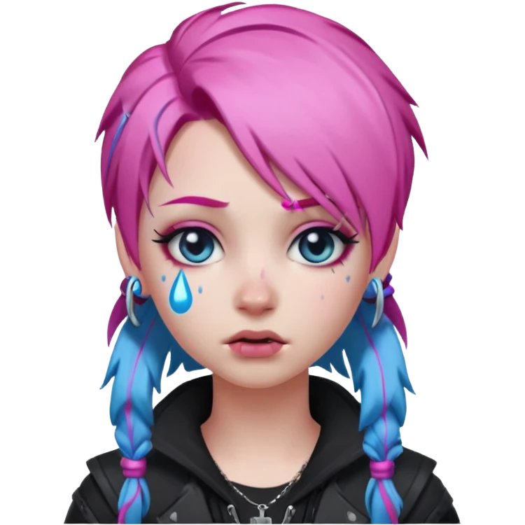 Twitch emoji style Haze from Fortnite crying with big blue tears, pink hair, and gothic fashion elements emoji