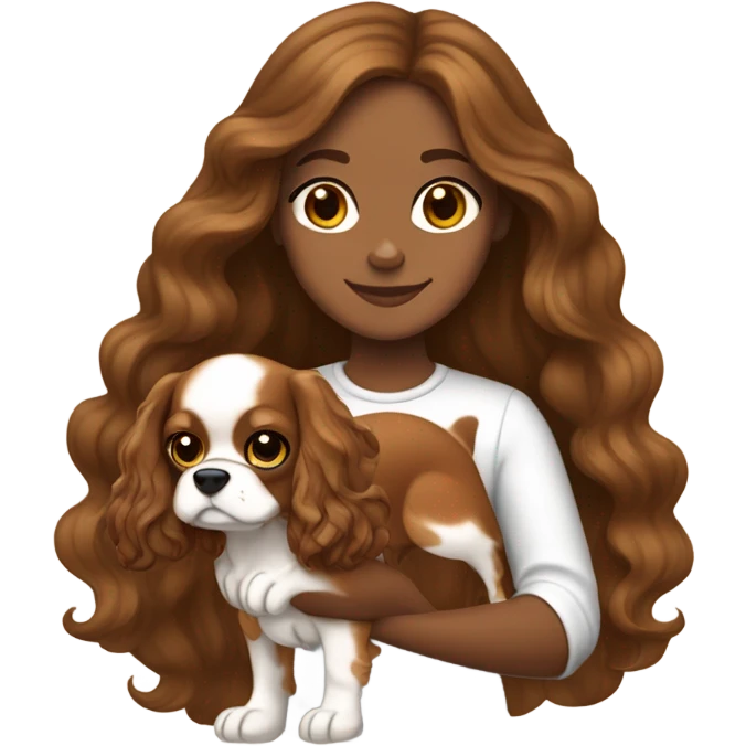 tan girl with long wavy brown hair, holding a brown and white cavalier King Charles spaniel dog emoji