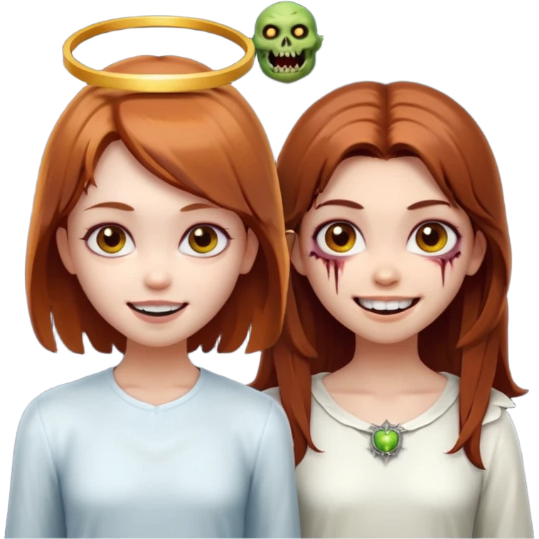 девушка ангел с нимбом и крыльями, с рыжими прямыми волосами по плечи, с улыбкой, стоит рядом с девушка зомби с темными длинными прямыми золосами, со злым выражением лица и ровными белыми зубами в стиле Apple avatar emoji