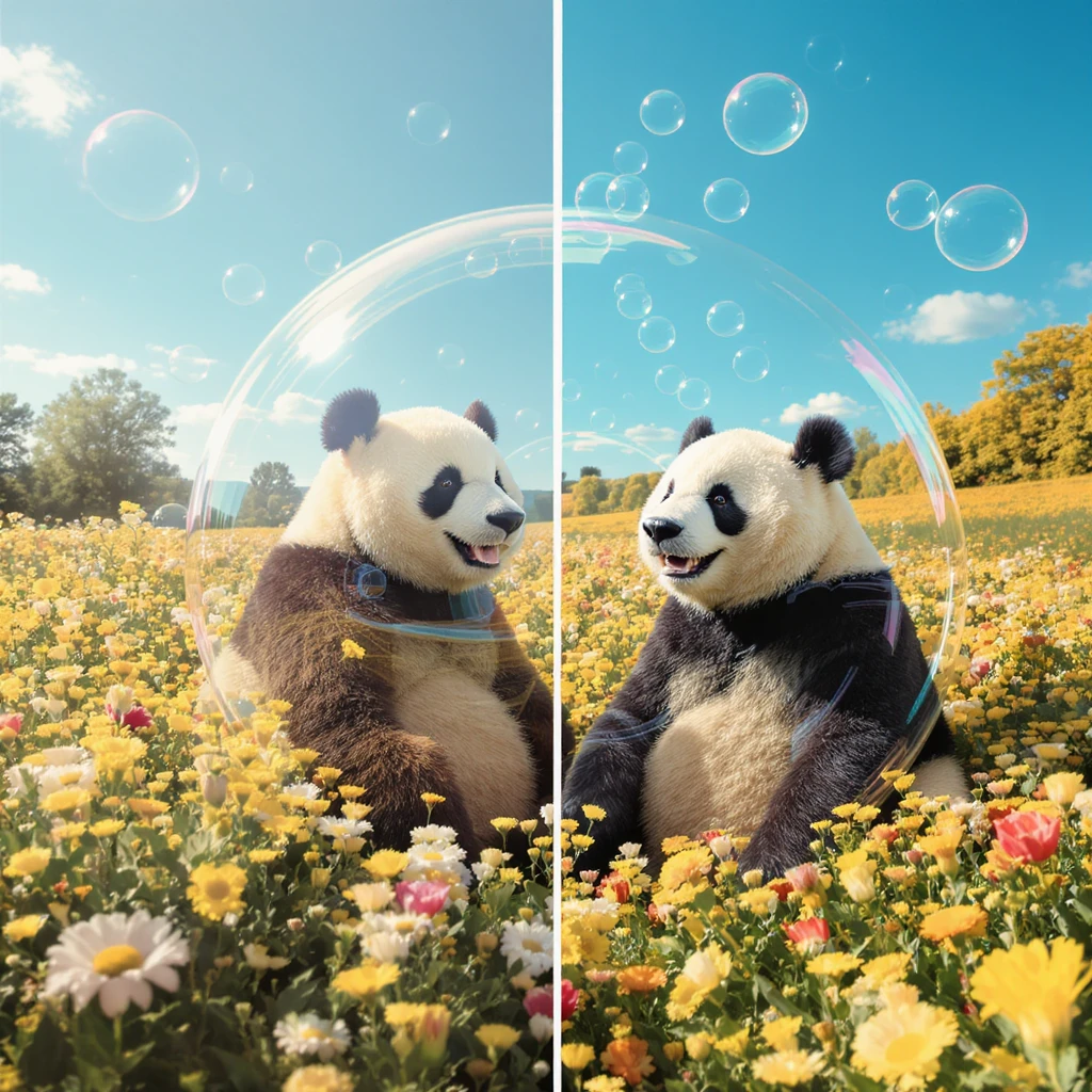 Cinematic still pandas bears sitting inside bubbles flying over field full of flowers, sunny summer day, happy vibe, minimalisic, composition splited to half (sky and flowers) emoji