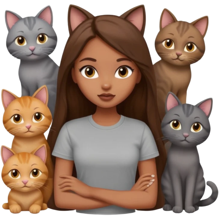 a pretty bratz dusky girl with long brown hair with six cats nd wearing a grey tshirt emoji