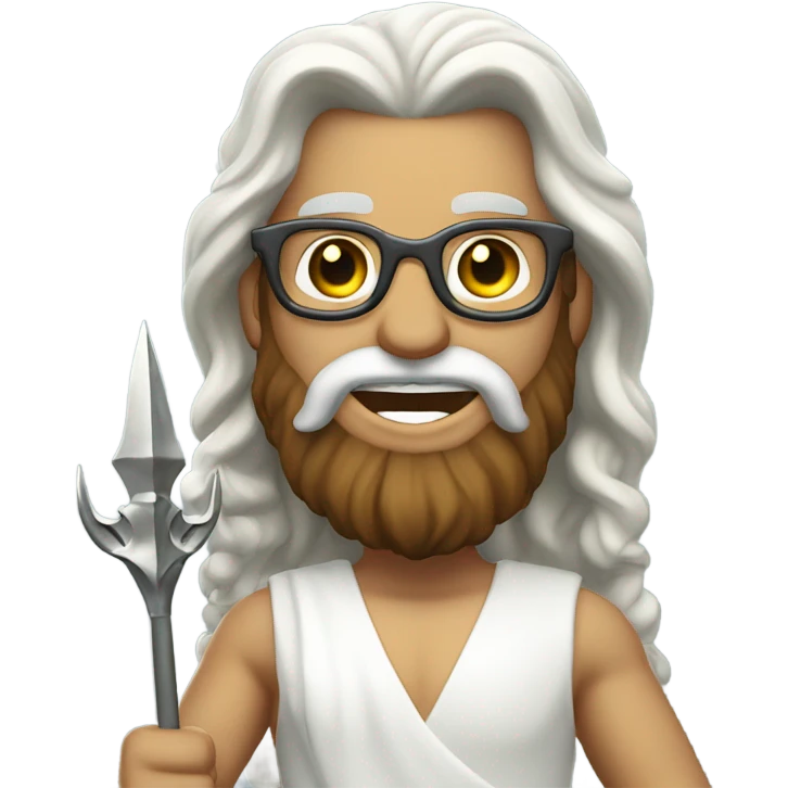 Poseidon with Trident and glasses. long hair white dress. smile . eye blink emoji