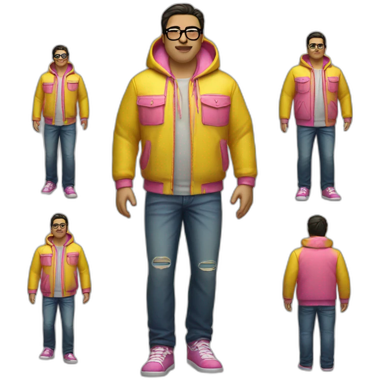 fat man with dark hair,a vibrant long yellow jacket, pink glasses, short jeans shorts. Show full lenght peson emoji