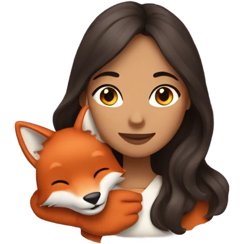 a woman with long wavy dark brown hair hugging a fox emoji