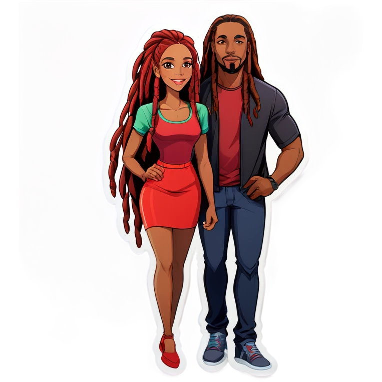 brownskin woman with red long middle part hair & a brownskin man with shoulder then dreads  emoji