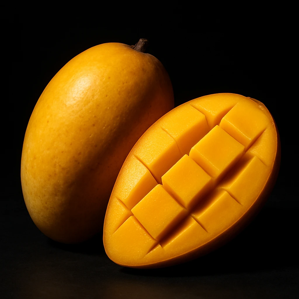 A ripe yellow mango, one half whole and one half sliced, dramatic studio lighting, black background, high detail, photo-realistic style emoji