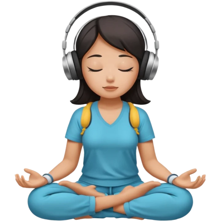 An East Asian woman🧘🏻‍♀️ is sitting cross-legged in a meditation pose, wearing Apple headphones🎧 and listening to music. The song is so beautiful that she has her eyes closed and tears streaming down her face. emoji