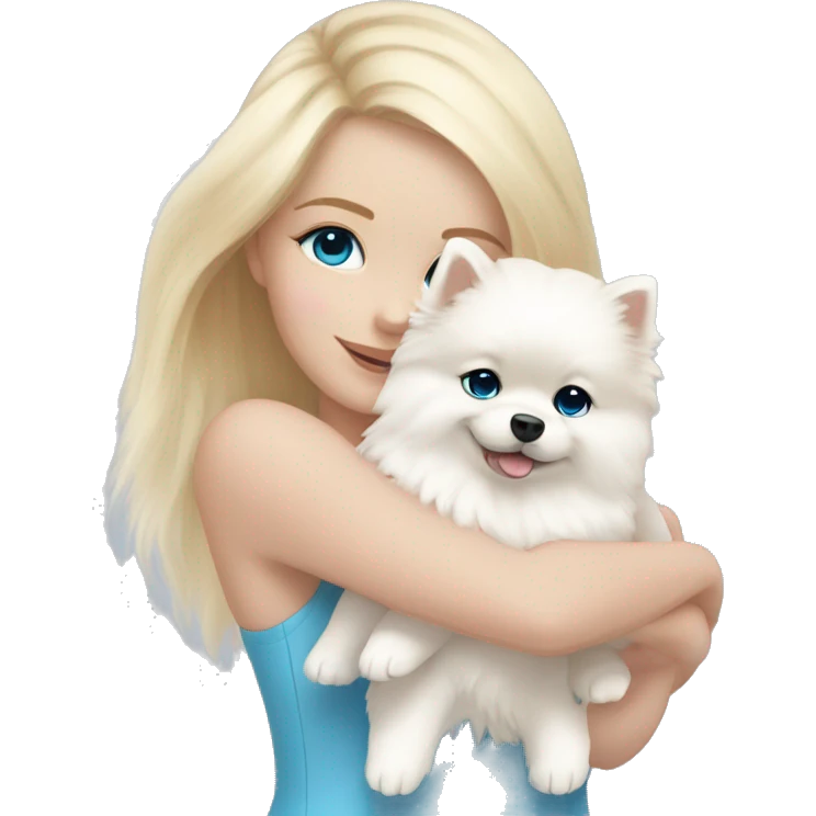 Blond girl white skin blue eyes hugging white Pomeranian with light pink bow emoji