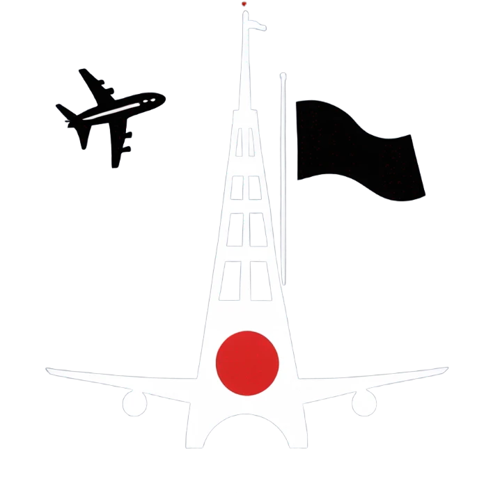 Flag with a tower and a plane emoji