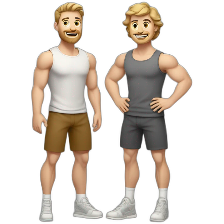Full height Actively gesturing with hands Pale skinned Fit Man With the biceps and light brown hair with Bristle in dark gray Sleeveless Mike, brown oversize sports shorts and white Sneakers emoji