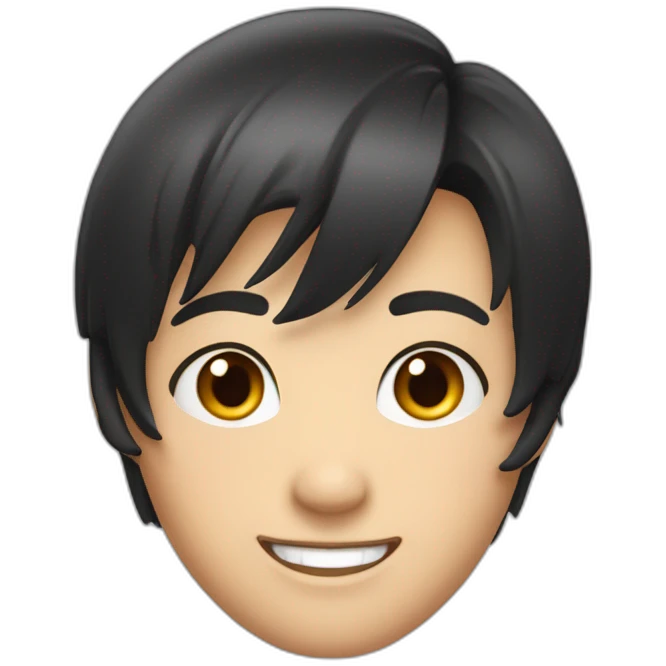 a round face, short dark hair styled in a classic side-parted manner, fair skin, and a broad smile revealing their upper teeth emoji
