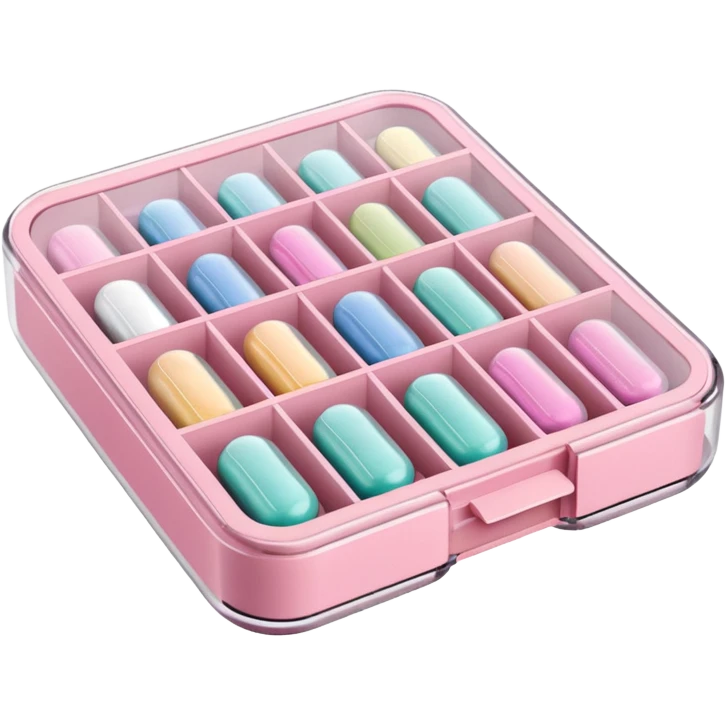 Transparent pill organizer with pastel pink compartments, minimal background emoji