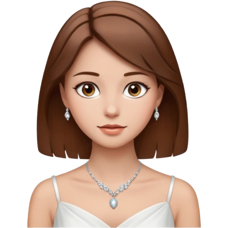 a middle brown hair girl with elegant white dress, wearing necklace, wearing makeup emoji