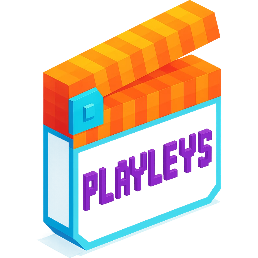 voxel style movie clapperboard with the text 'PLAVLEYS', orange lid, white body, isometric view emoji