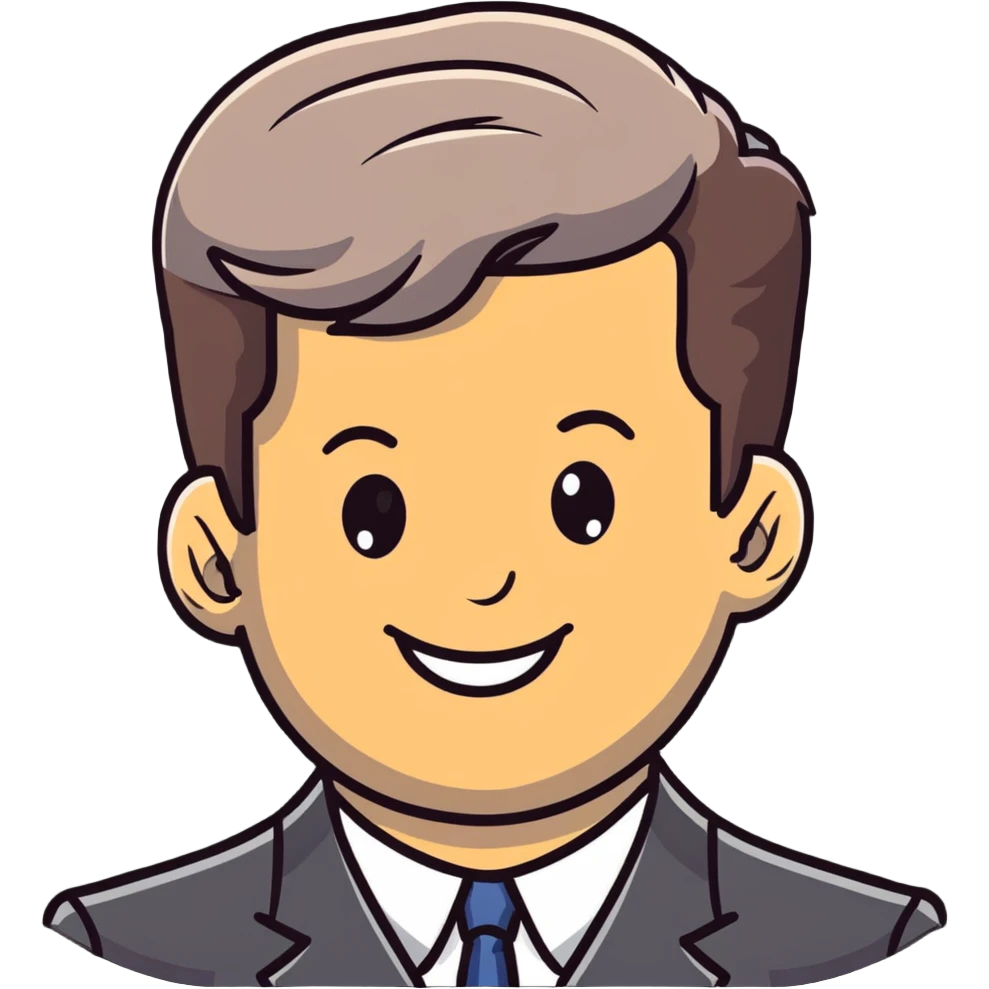 John F. Kennedy portrait with his classic hairstyle and smile emoji