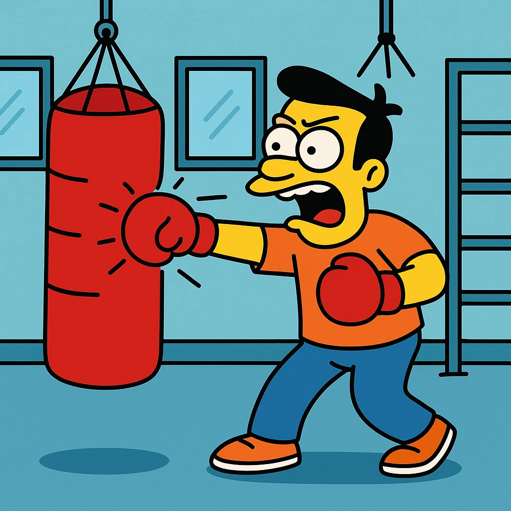 Hit a punching bag – to punch a padded bag for exercise or stress relief.
He went to the gym to hit a punching bag and blow off steam. Background Gym
 emoji