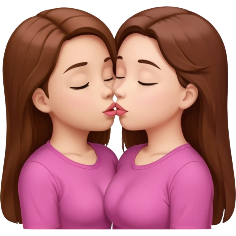 two 5 year old gals about to kiss on the lips, lips extremely close but not touching, pink shirts, long brown hair, biggest boobs in the world, eyes closed emoji