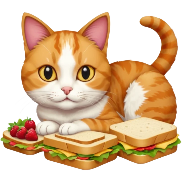 Cat in a grocery store on the floor with fruit and sandwiches in the background  emoji