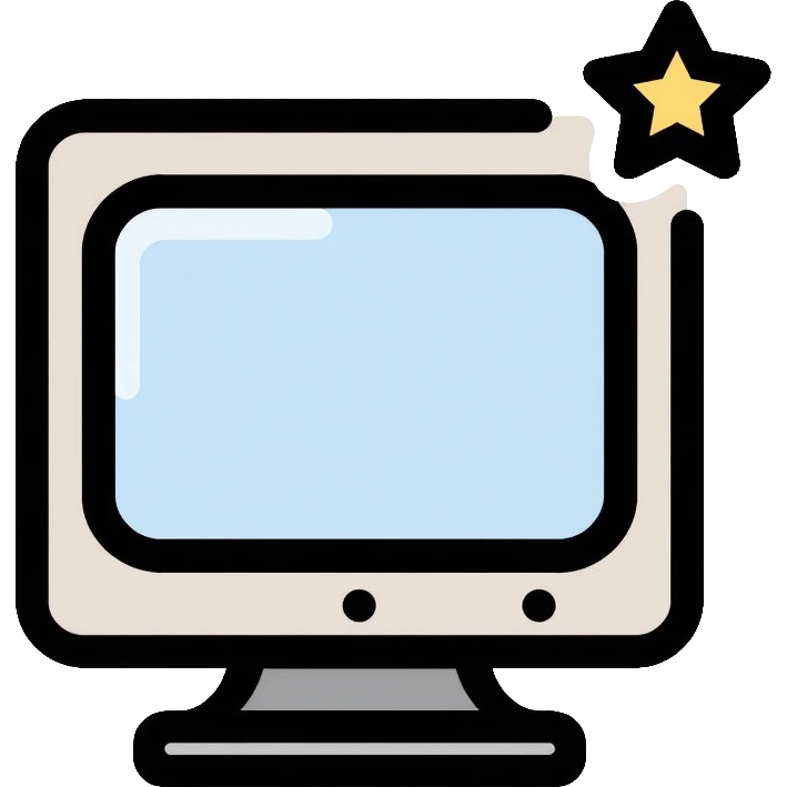 Minimalist CRT monitor with a simple 4-pointed star in the corner, very few details, clean lines emoji