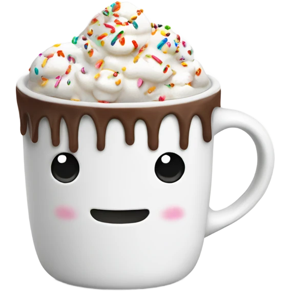 White mug, with hot chocolate with marshmallows and sprinkles and whipped cream emoji
