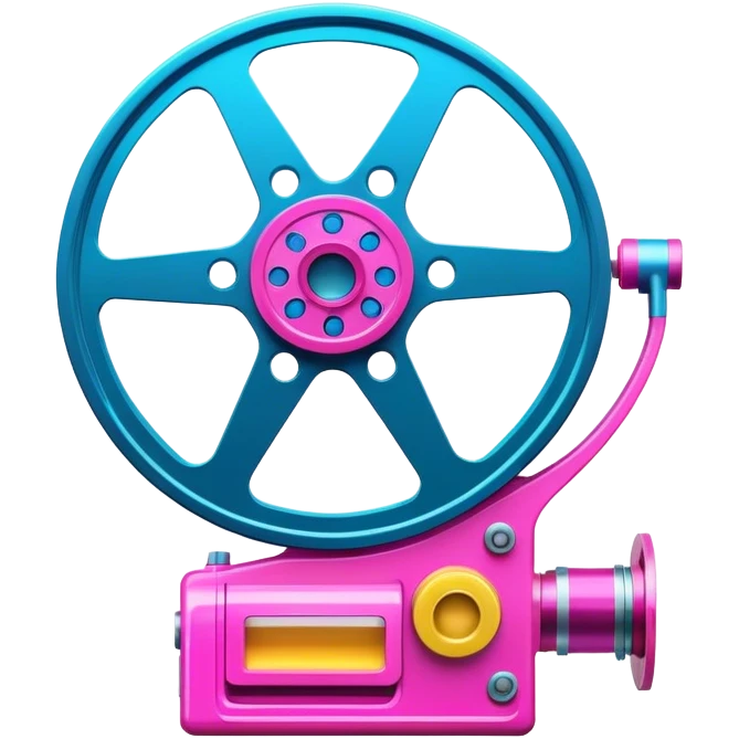 Bright, colorful icon symbolizing Animation and Motion Design with a transparent background. Include a dynamic motion effect, such as a spinning film reel or a stylized character in motion. Use vibrant colors like neon blue, pink, and yellow, with a modern, techy feel.  emoji