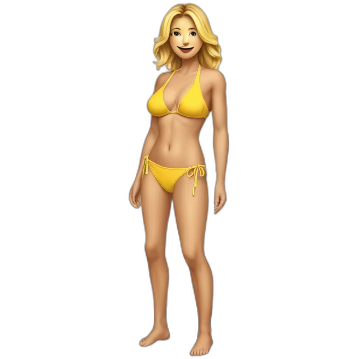 Sexy pose soft-fit Caucasian woman yellow bikini (beach body) bed realistic emoji
