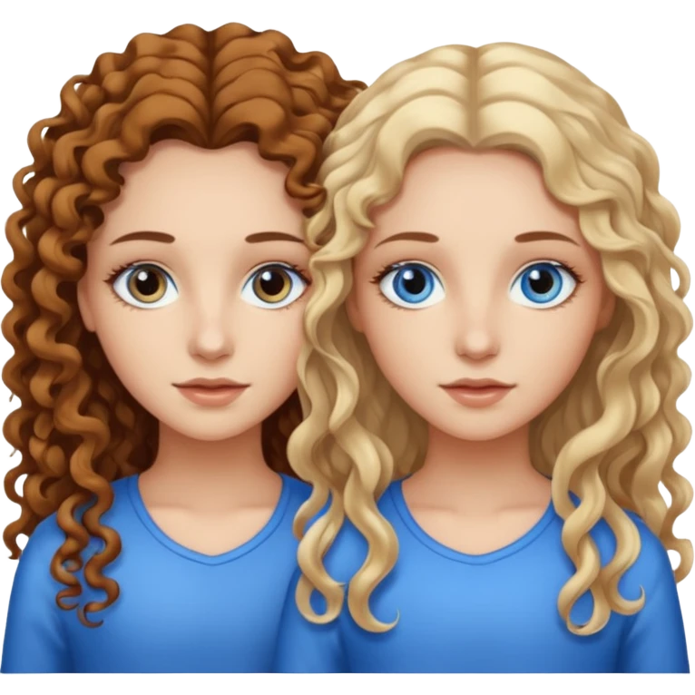 Twin sisters, one has brown eyes, long curly brown hair, the other one has straight blond hair and blue eyes emoji