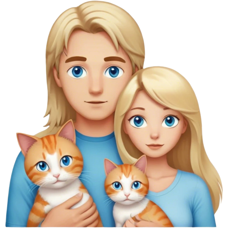 A family with a younger man with blue eyes and light brown hair, a younger woman with blue eyes, mid length blonde hair, and big breasts. And a cat with long hair that is a mix between orange and cream and green eyes emoji