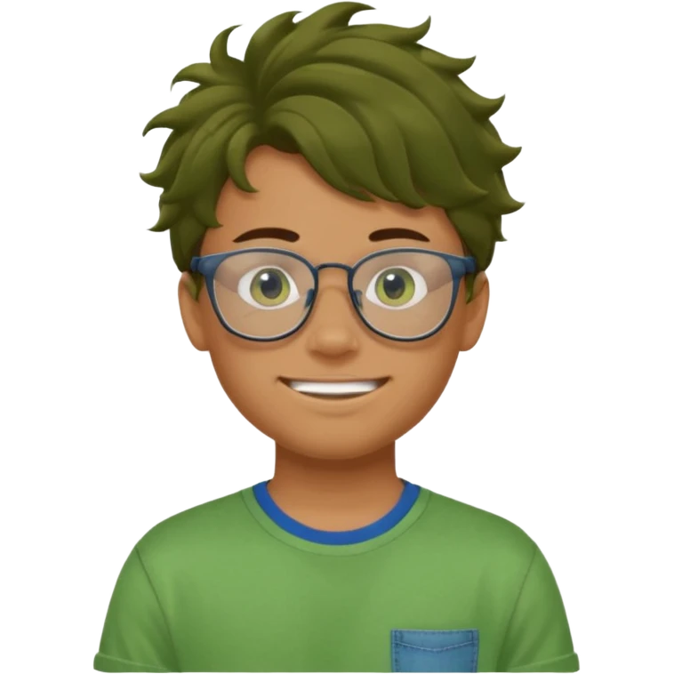 A teenage boy, tanned with glasses, wearing a green t-shirt , blue jeans and green sneakers with brown wavy tousled hair, smirking, wearing a green face mask emoji