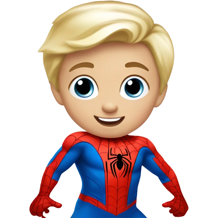 Blonde haired blue eyed toddler with short hair playing spiderman emoji