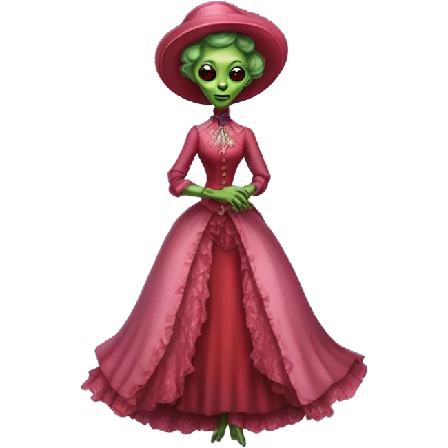 "green alien woman" galora in red pink Victorian dress elegant, full body emoji