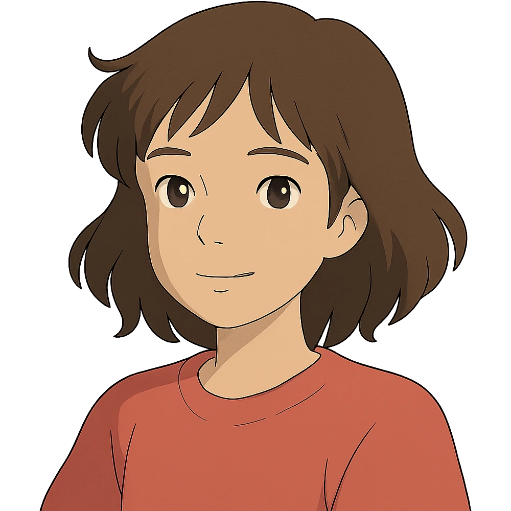 ghibli style portrait of an Asian girl with medium brown wavy hair and brown eyes emoji