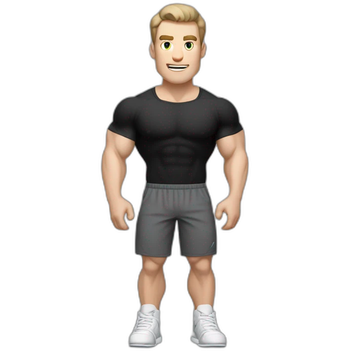amazed Pale skinned Fit Man With the biceps and dark brown hair in black shirt, gray sports shorts and white Sneakers emoji