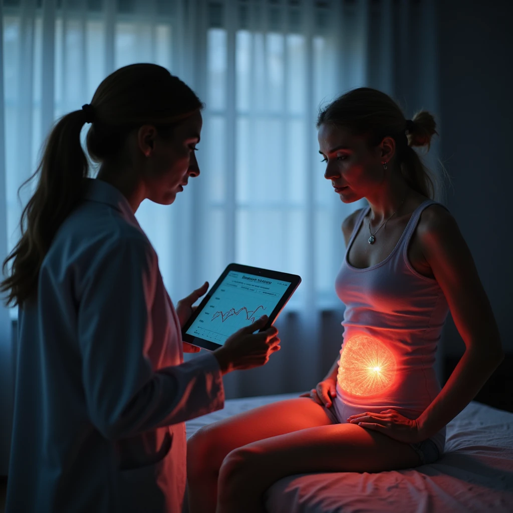 symbolic scene: woman with PCOS sitting on medical examination table, doctor showing tablet with graph highlighting metabolic risk, abdominal area illuminated by red light, text in Italian: 'Non è solo estetica, è salute', 4K quality emoji