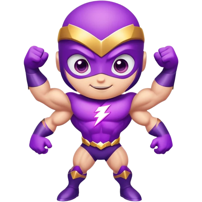 adorable purple insect superhero with big bulging muscles, electric lightning arms, huge cartoon eyes, and a confident smiling expression emoji