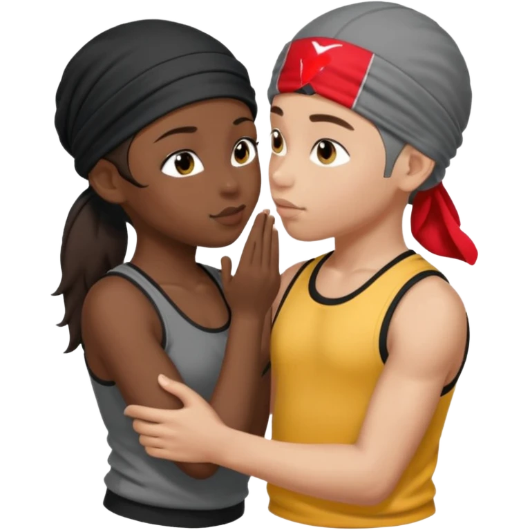 A girl with dark brown hair, light skin and blue wear black leggings and a black tank top kissing a boy with dark skin and a grey tracksuit wearing a du rag  emoji