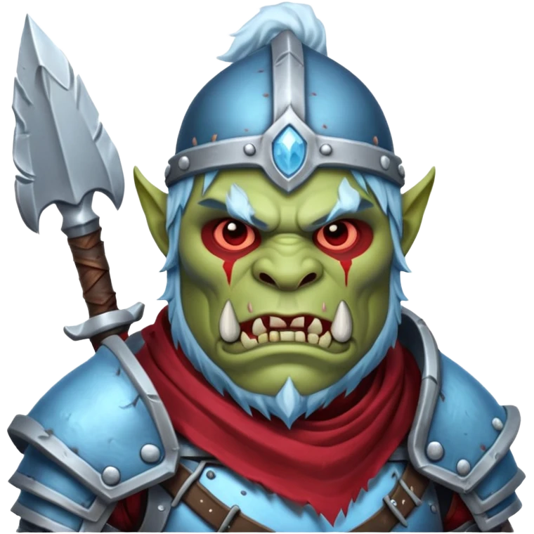
Fantasy Christmas orc legion soldier icon, iron tundra army theme, heavy winter armor, disciplined brutal look, icy blue steel armor with deep crimson accents, frozen metal texture, cold winter atmosphere, male variant emoji
