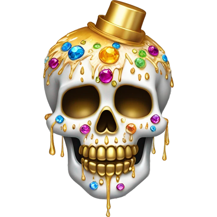 Realistic white sugar skull decorated with colorful rhinestones with a tall metallic gold candle on top of its head dripping down melted metallic gold wax down the skull emoji