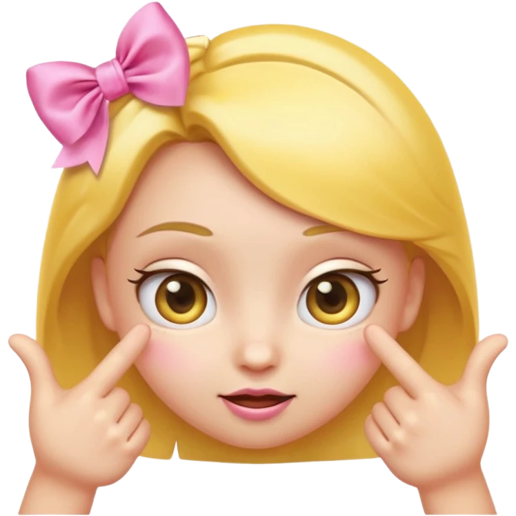 Cute yellow emoji face with big pleading shiny eyes, raised curved eyebrows, small shy smile, and both hands pointing index fingers toward each other. Add two small pink satin bows on top corners of the head. iOS-style, smooth digital look emoji