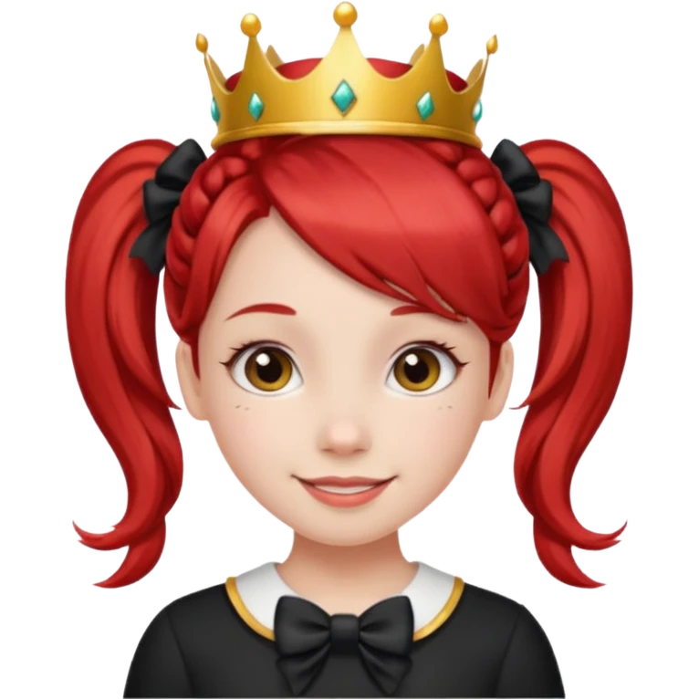 A red pigtail hair girl with a crown smiling gently and black bow on her hair emoji