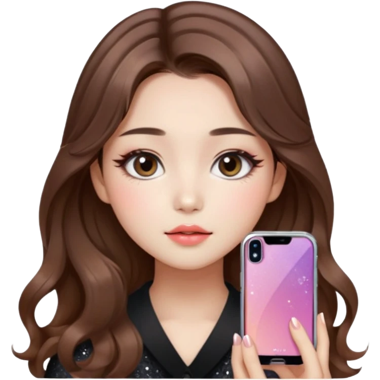 “korean straight brown hair Emoji girl, soft eyeliner and blush, gradient lips, light brown shimmer eyeshadow, sparkly aegyo-sal, long wavy hair,  emoji