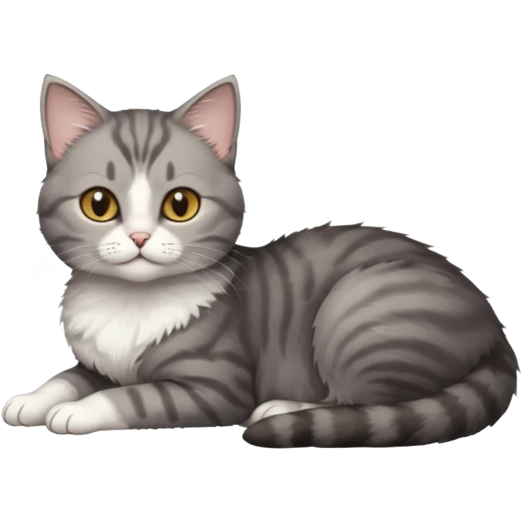 full body tiny short hair dark grey and white cat with hazel eyes lying down emoji