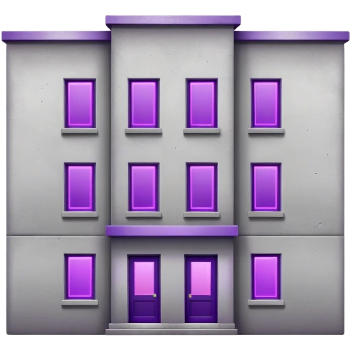 Small gray concrete apartment building with bright purple window glow, stark and simple emoji