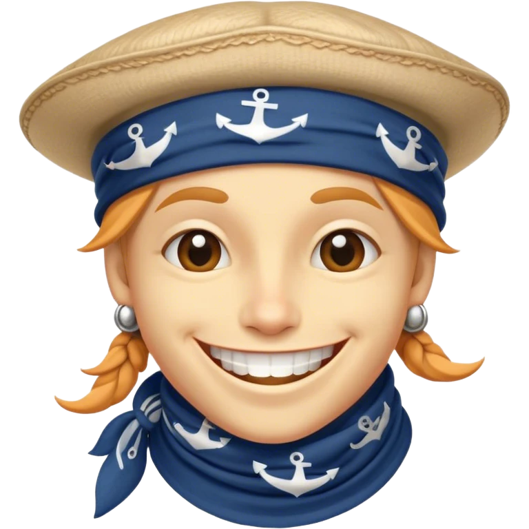 Clash of Clans aesthetic Playful Pirate Portrait Emoji, Head tilted with a roguish, cheeky grin and twinkling eyes, featuring a compact, spirited build with a jaunty hat and a quirky bandana, his natural skin tone evident, Simplified yet irresistibly charming features, highly detailed, glowing with a warm, inviting oceanic glow, high shine, spirited and lively, stylized with an air of whimsical maritime mischief, soft glowing outline, capturing the essence of a playful pirate exuding friendly rogue charm! emoji