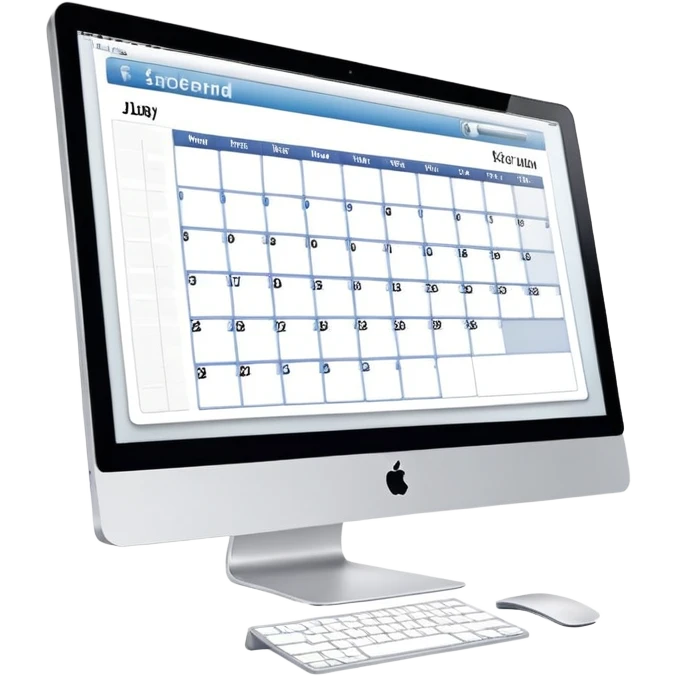 front view of an iMac with a single day-calendar on the screen, vertical list of hours on the left, horizontal rows for client slots, some slots marked as booked emoji