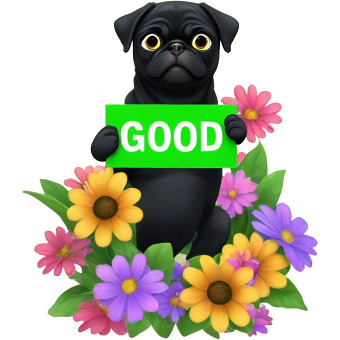 Black pug , surrounded by flowers, holding a green sign that says “good luck”  emoji