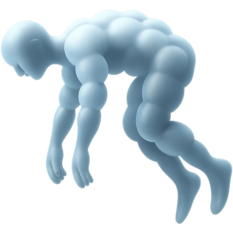 side view of a person unconscious flying upwards by the torso, legs and arms downwards, made of small very bright white fluffy convex clouds, matte glass style emoji