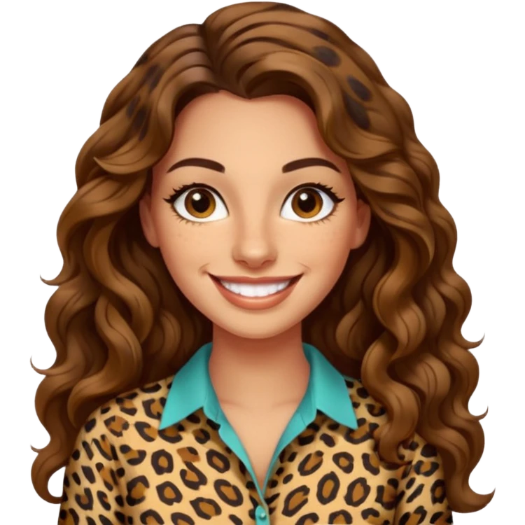 30 yr old italian woman, long brown wavy hair, big brown eyes, huge smile, leapord shirt, no bangs,  emoji