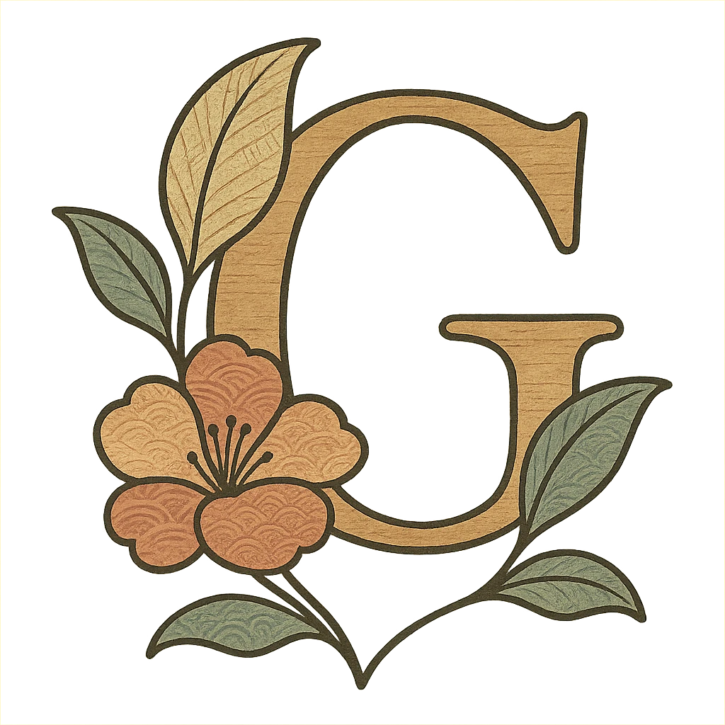 logo featuring the letter G with stylized leaves, elegant Japanese-inspired design emoji